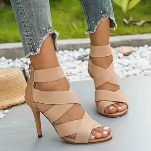 Women Sexy High Heel Sandals Stiletto Square Toe Back Zipper Elastic Cross Bands Fashion Microfiber Evening Party Sandals