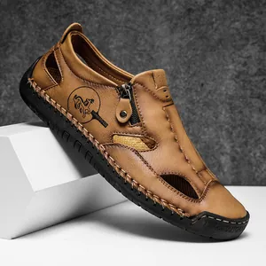Premium brown leather men's casual loafers featuring hollow-out design and side zipper