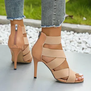 Sexy beige high-heeled sandals with elastic straps and convenient back zipper design