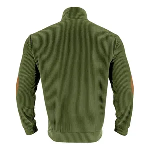 Back view of men's olive green ribbed sweatshirt with stand collar and elbow patches