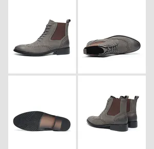 Vues détaillées sous plusieurs angles de bottines en cuir gris pour hommes style Brogue