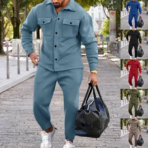 Men Suede Look Tracksuit Set Single Breasted Jacket and Drawstring Jogger Pants Solid Color Slim Fit Casual Outfit