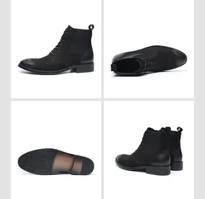 Détail en quatre vues de bottines Brogue noires pour hommes en cuir et daim