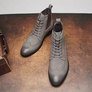 Bottes Martin en Cuir Véritable pour Hommes Brogue Wingtip Mid Top Bottes de Travail Motif Litchi Décontractées Tendance à Lacets Semelle en Caoutchouc Chaussures d'Hiver