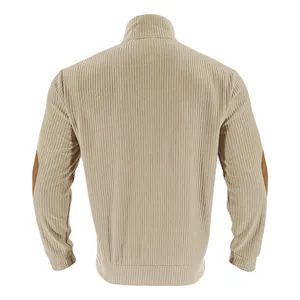 Back view of a khaki men's heavyweight jacquard sweatshirt with brown elbow patches