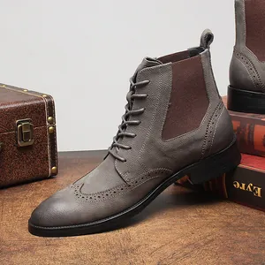 Bottes Richelieu pour hommes en cuir gris grainé avec détails brogues vintage