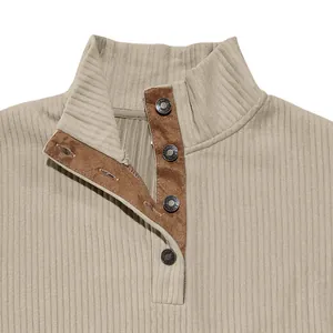 Macro view of stand collar and button placket on ribbed jacquard sweatshirt