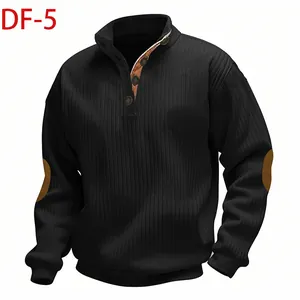 Detailed view of black ribbed men's pullover featuring brown elbow patches and collar