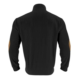 Back view of men's black ribbed sweatshirt showing textured fabric and elbow patches