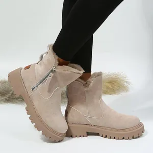 Vue détaillée des bottes d'hiver beiges avec fermeture éclair et fourrure chaude