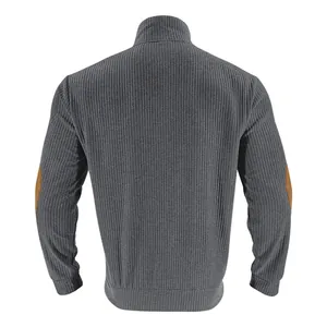 Back view of gray ribbed sweatshirt for men with stand collar and elbow patches