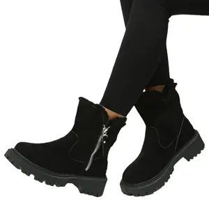 Bottes de neige noires en daim pour femmes avec doublure en peluche et fermeture éclair