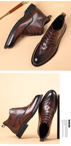 Primer plano de botas de cuero marrón para hombre con textura de cocodrilo y cordones