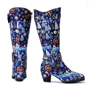 Vintage Christmas knee high boots with snowflake pattern and chunky heel, side and back view