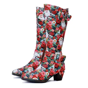 Vintage style floral high boots featuring Santa Claus patterns and comfortable chunky heels