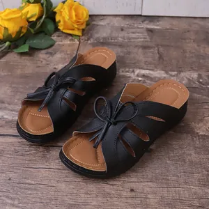 Damen Rindsleder Keilabsatz Pantoletten Peep Toe Ausschnitt Schleife Plattform Mules Sommer Lässig Mode Einfarbig Hausschuhe Schuhe