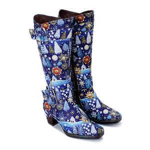 Christmas winter retro print high boots with chunky heel and colorful patterns
