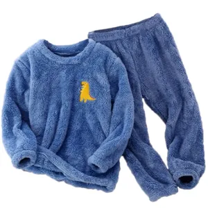 Gemütliches blaues Kinder-Flanell-Pyjama-Set mit einer süßen gelben Dino-Stickerei