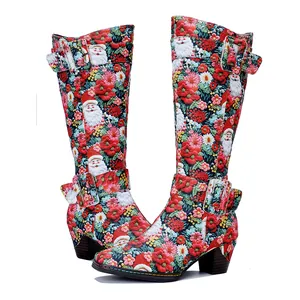 Close-up detail of vintage Christmas Santa Claus floral print chunky heel high boots