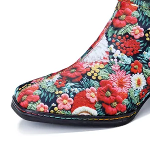 Detailed close-up of retro floral and Santa Claus pattern on block heel high boots