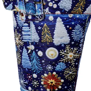 Detailed view of winter high boots with colorful Christmas snowflake and tree patterns