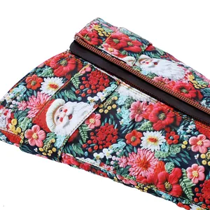Close-up detail of retro Santa Claus and floral print on high-quality boot fabric