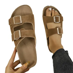 Vintage brown suede platform sandals with double straps and silver buckles for women