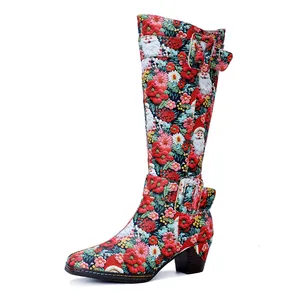 Detail view of vintage Christmas Santa Claus floral print high boots with block heel