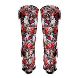 Detailed rear view of retro Christmas Santa Claus floral print chunky heel tall boots