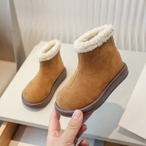 Comfortable brown suede snow boots for girls with warm fleece lining and thick soles
