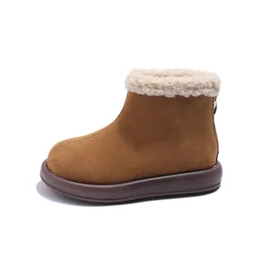 Warm girls' brown suede snow boots with white fleece lining and back zipper for winter.