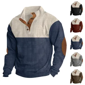 Detail of men's corduroy patchwork sweatshirt with multiple color variants display.