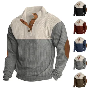 Multi-color men's corduroy sweatshirt with stand collar and elbow patches