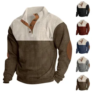 Detailed display of men's color-block corduroy sweatshirts showing various color options