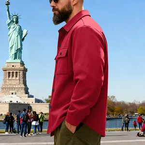Detailed side view of a red heavy-weight men's outdoor work jacket with fleece lining