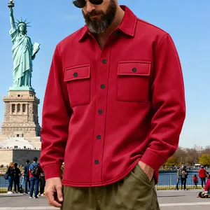 Detail view of a red heavy-duty fleece-lined men's outdoor work jacket with double pockets