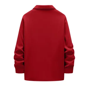 Back view of a heavy red winter jacket with warm fleece lining for men's outdoor wear