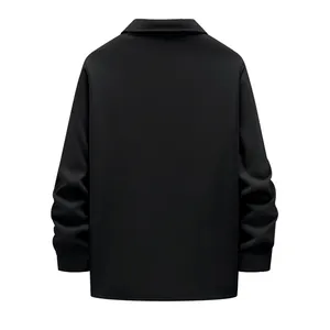 Rear view detail of a men's loose black fleece-lined heavyweight outdoor work jacket