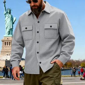 Heavyweight men's gray fleece jacket with front chest pockets and a full button closure