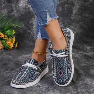 Bohemian Geometric Pattern Canvas Loafers Women Casual Flat Shoes Round Toe Slip-On Walking Shoes Ethnic Style Rubber Sole Footwear