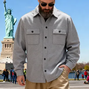 Detailed shot of a grey heavyweight fleece-lined men's outdoor workwear jacket.