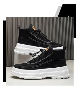 Side view detail of black high-top platform sneakers with thick white soles