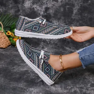 Bohemian pattern women's casual loafers with flat white soles and round toe