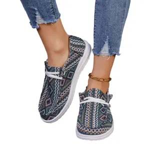 Women's bohemian pattern canvas loafers with comfortable flat white soles
