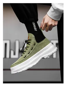 Men's high-top thick-soled casual shoes in olive green suede finish with white chunky sole