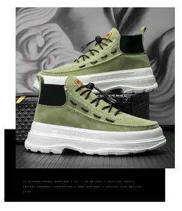 Men's olive green high-top platform sneakers featuring thick white soles and toggle lacing