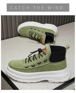 Close-up detail view of green high-top sneakers with thick white platform soles