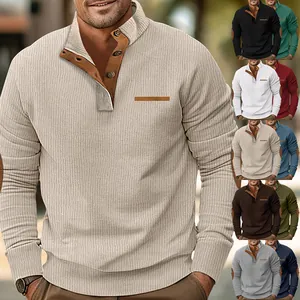Men's ribbed stand collar sweatshirt with button placket in various colors