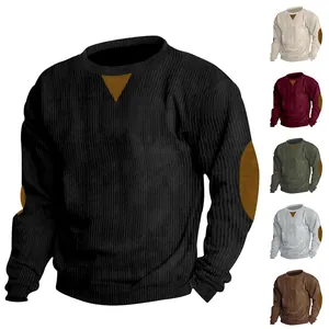 Mens casual corduroy long sleeve sweatshirt with stylish elbow patches in multiple colors