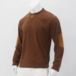 Men's brown corduroy crewneck sweatshirt with elbow patches on white mannequin.
